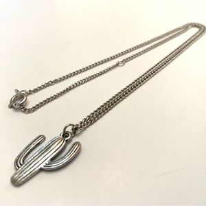Silver Tone Necklace With Cactus Charm Pendant 18” Adjustable to 16”